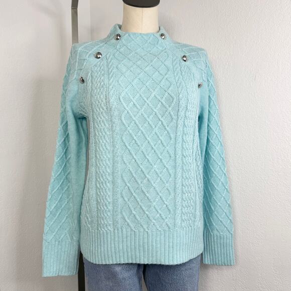 Talbots Mock Neck Cable Knit Sweater Preppy Classic Blue Size Small - Picture 1 of 6